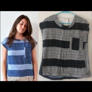 New Ace & Jig Boro striped button back linen blend cap sleeve blouse top